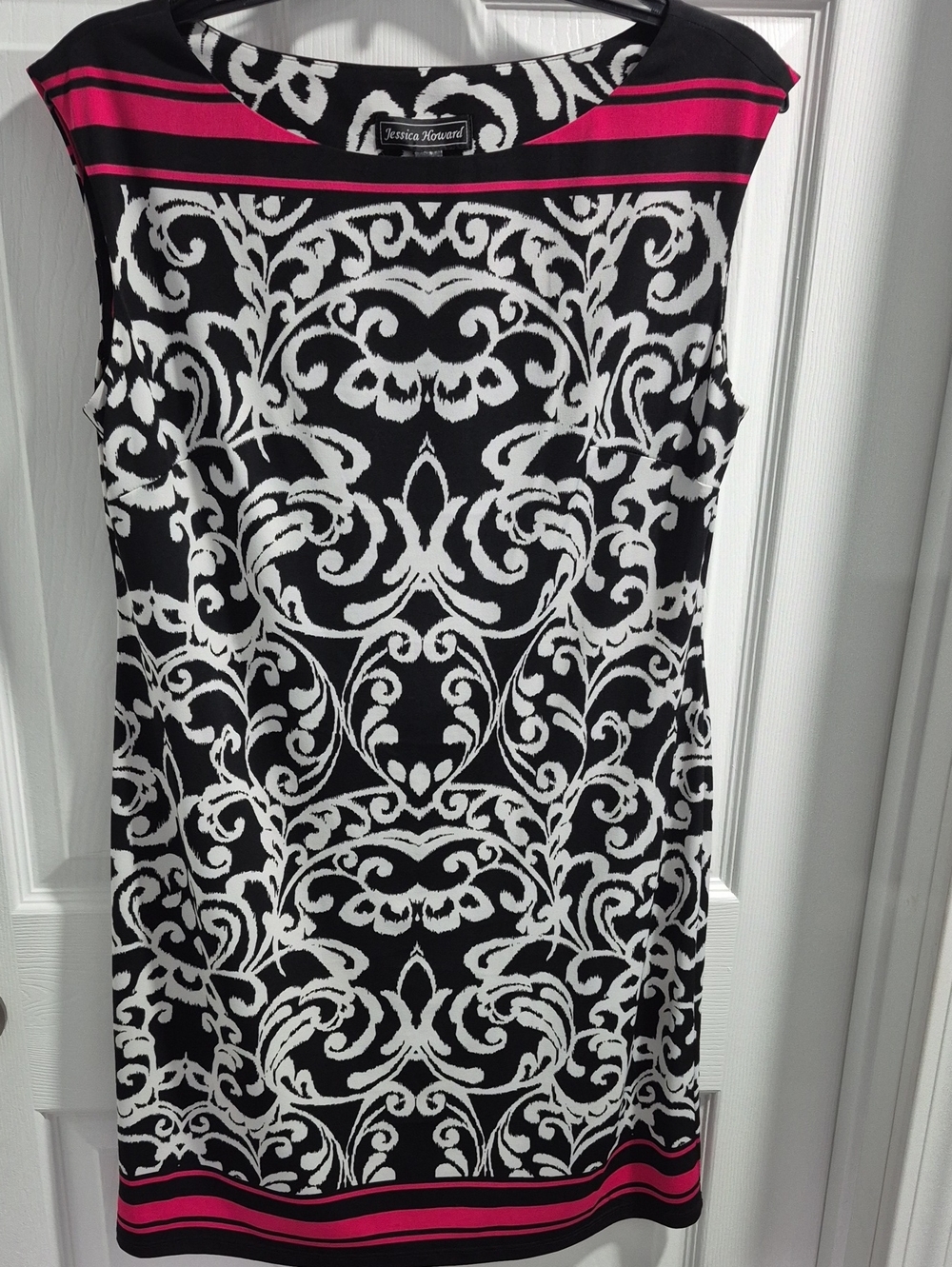 Jessica Howard Black and White Damask Dress with Hot Pink Trim